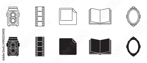 Black and white icon set featuring vintage photography elements like a camera, film strip, photo, book, and ornate frame in both outline and silhouette styles for graphic design