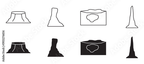 Set of black geological formation icons showing a butte, rock spire, and cave cross-section in both minimalist line art and solid silhouette styles