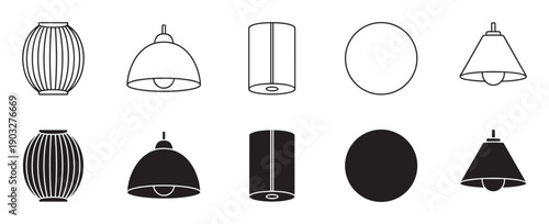Collection of modern lamp icons in outline and silhouette styles showing various shapes like dome, sphere, and cylinder for graphic design and interior decoration concepts