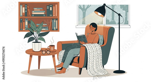 Woman reading a book in a cozy armchair by the window.