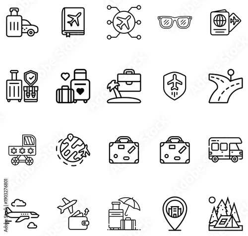 Travel Set Luggage Passport Airplane Road Trip Vacation Symbols