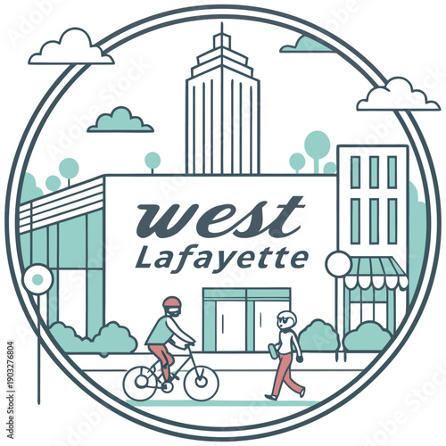 West Lafayette Modern Downtown Scene with Cyclist and Shop Front