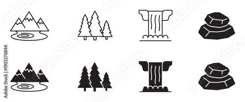 Collection of eight minimalist nature icons featuring mountains, pine trees, a waterfall, and stones, presented in simple outline and solid silhouette graphic styles