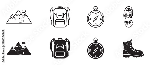 Collection of minimalist hiking and adventure icons in two styles, outline and solid, featuring a mountain trail, rucksack, compass, and boot print