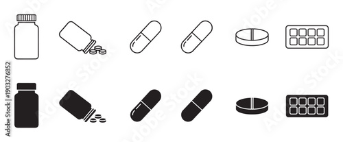 Set of black medical icons showing pills, capsules, tablets, bottles, and blister packs in both outline and solid silhouette styles for healthcare and pharmacy concepts
