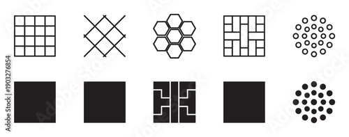 Collection of ten black geometric icons and shapes in minimalist line art and solid fill styles, featuring various patterns like grids, honeycombs, circles, and squares