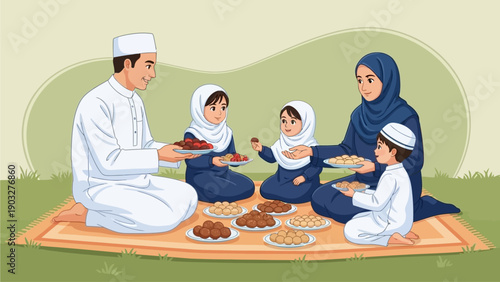 Family gathering on a blanket in a serene outdoor setting sharing a meal together