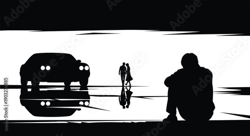 Sad man sitting alone on ground while couple walks away into distance