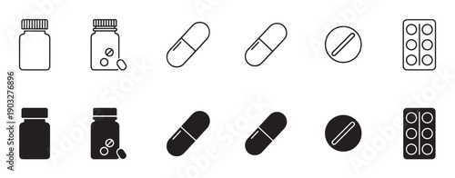 Set of black medicine icons showing pills, capsules, tablets, bottles, and blister packs in both outline and solid silhouette styles for pharmaceutical design concepts