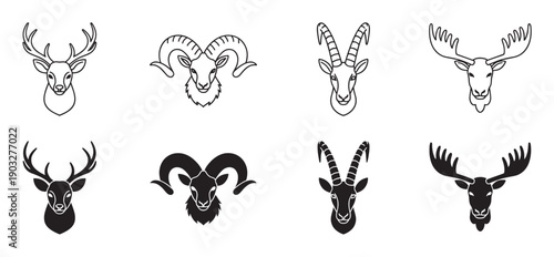 Set of wild animal head icons featuring a deer, ram, ibex, and moose in both black line art and solid silhouette styles for logos, emblems, or graphic design elements