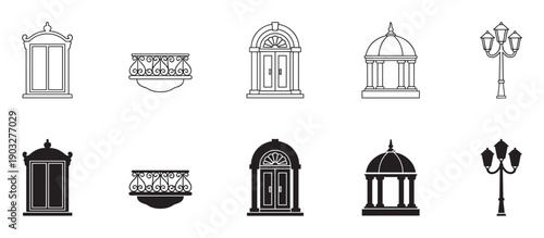 Vector icon set of classic building elements including a window, door, balcony, rotunda, and lamppost, shown as both minimalist line art and simple black silhouette graphics
