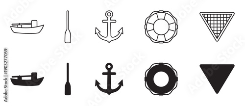 Set of black nautical themed icons featuring a boat, oar, anchor, and lifebuoy in both minimalist line art and solid silhouette graphic styles