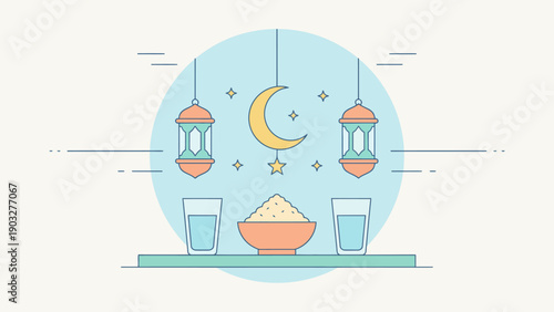 Ramadan celebration illustration featuring lanterns, crescent moon, and traditional food setup