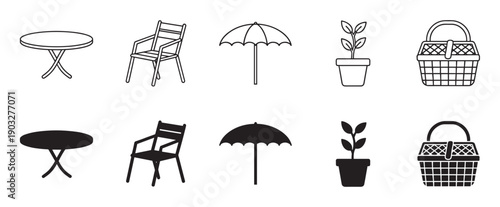 Black outdoor furniture and picnic icon set with a table, chair, umbrella, plant, and basket in both line art and solid silhouette styles for graphic design
