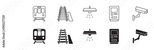 Set of black train station icons in outline and solid glyph styles, featuring a subway train, railway tracks, platform light, ticket vending machine, and surveillance camera