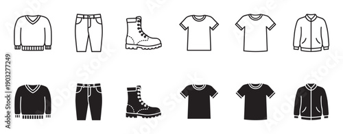 Set of men's clothing icons featuring a sweater, jeans, boot, t-shirt, and jacket, presented in both thin line art and solid black glyph styles for a minimalist graphic design