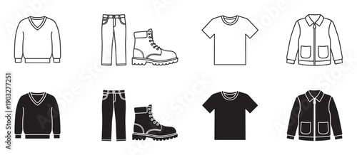 Men's clothing and footwear icon set featuring a sweater, jeans, boot, t-shirt, and jacket in both line art and solid black silhouette styles for graphic design