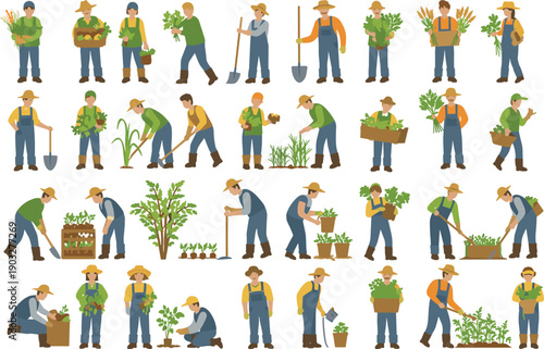 Vector farm workers planting, harvesting, and caring for vegetables, gardening activities, men and women in overalls, agriculture farming process, sustainable agriculture, farm work illustrations