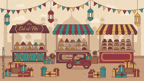 Vibrant market scene with colorful stalls selling sweet treats from a cart under festive decorations