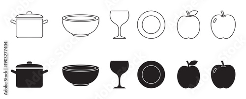 Collection of black kitchen and food icons in outline and solid silhouette styles, including a cooking pot, bowl, wine glass, plate, and apple for a minimalist graphic set