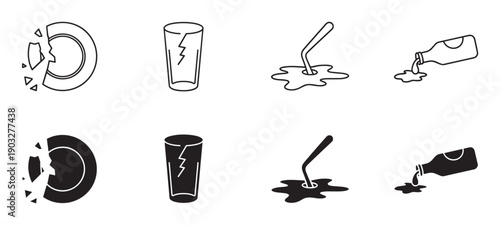 Set of black and white icons illustrating household accidents with a broken plate, cracked glass, and spilled drink from a bottle in both outline and solid glyph styles