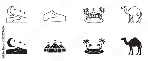 Set of black desert themed icons showing a camel, oasis, tent, dune, and night sky in both line art and solid silhouette graphic styles