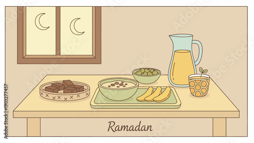 A serene Ramadan scene with food and drink on a table indoors during nighttime