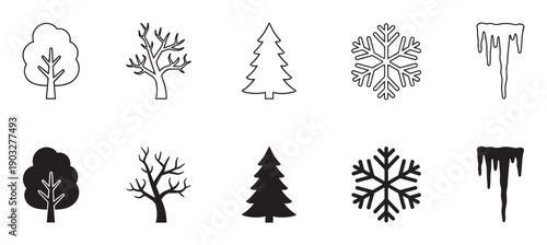 Set of black seasonal nature icons featuring trees, a snowflake, and an icicle presented in two distinct styles, a simple line art outline and a solid silhouette