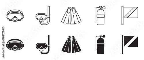 Set of black scuba diving equipment icons featuring a mask, snorkel, fins, air tank, and diver flag, presented in two distinct styles: a simple line art outline and a solid glyph