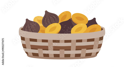 A wicker basket filled with assorted chocolates and nuts, viewed from above in a clean setting.