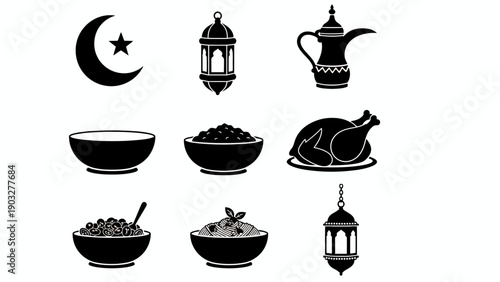 Traditional Ramadan icons set including crescent moon, lanterns, and dishes arranged neatly on a clean background from a straightforward viewpoint