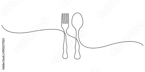 Minimalist single line drawing of featuring a fork and a spoon  Concept for logo  icon  or graphic element for restaurants  cafes  and food-related menus to represent dining or gastronomy