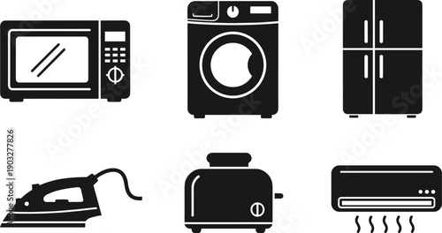 Home Appliance Icon Set with Microwave Washing Machine Refrigerator Iron Toaster and Air Conditioner for Household Infographic UI UX and Pictogram Design