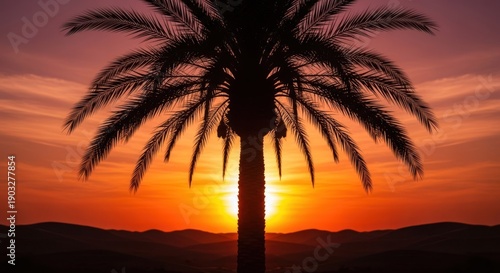 Silhouetted palm tree at sunset with intense orange and pink sky over hills