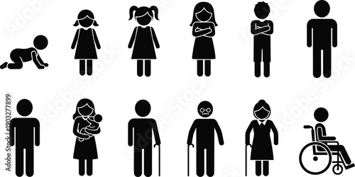 Human life cycle silhouette icons showing baby child adult senior and disabled people in various stages isolated on white background