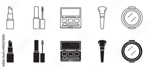 Set of minimalist cosmetic product icons in two styles, line art and solid black glyph, featuring lipstick, mascara, eyeshadow, a makeup brush, and a compact powder case