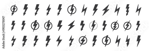 lightning bolt vector icon set, black lightning icon designs on white background, energy power electric storm flash charge symbols.