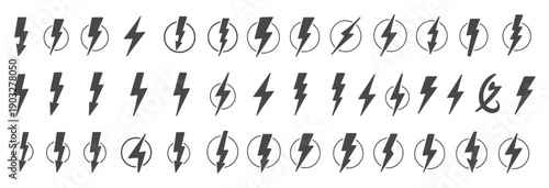 lightning bolt vector icon set, black lightning icon designs on white background, energy symbols for web, print, logo design.