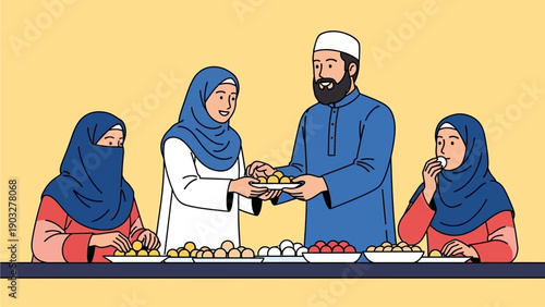 Group of people in traditional attire exchanging food items on a table viewed from the front