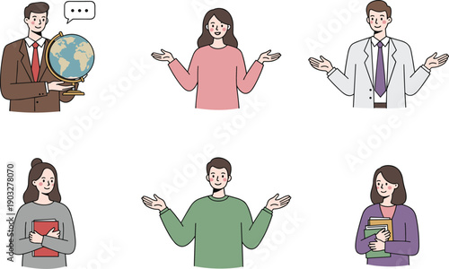 Vector illustration of diverse professionals and students in educational setting, teachers explaining, students holding books, wearing casual and formal clothes, isolated characters on grey background
