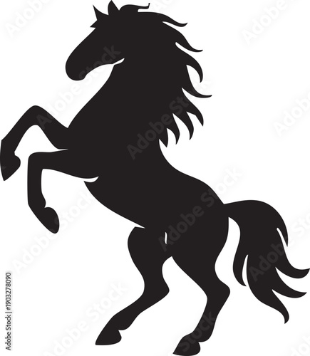 Black horse silhouette rearing up on hind legs strongly energetic animal