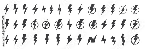 lightning bolt vector icon set, black lightning icon designs on white background, energy power flash charge symbols for branding.
