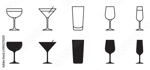 Collection of various drinking glasses including wine, cocktail, and champagne presented as a minimalist black icon set with outline and silhouette styles