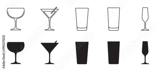 Set of black drinking glass icons featuring various types of glassware in both outline and solid silhouette styles, including wine, martini, tumbler, and champagne glasses