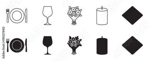Collection of black romantic dinner icons including a plate, wine glass, flower bouquet, and candle, shown in both simple outline and solid silhouette vector graphic styles