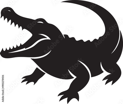 Black silhouette of a crocodile with open mouth and sharp teeth standing aggressively  wildlife symbol