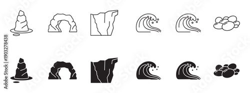 Set of black nature-themed icons depicting rock formations like cliffs and arches, ocean waves, and stones in two distinct styles, linear outline and solid silhouette
