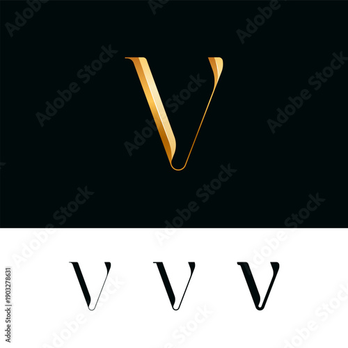 3d golden letter V for logo, including set of four different letters perfect for logotypes, vector illustration 10EPS