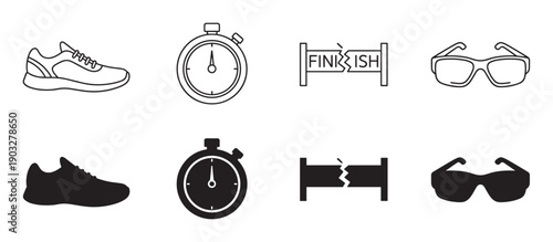 Set of black running sport icons including a sneaker, stopwatch, broken finish line tape, and sunglasses, presented in both minimalist line art and solid silhouette styles
