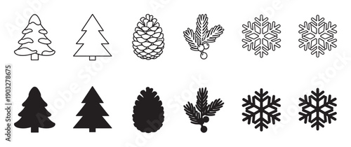 Collection of black winter holiday icons including Christmas trees, pinecones, snowflakes, and branches presented in both outline and solid silhouette styles for festive design